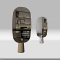 Modern Oval Designer Mirrors With Wooden And White Bases Reflecting Interior Shelf Table Chair
