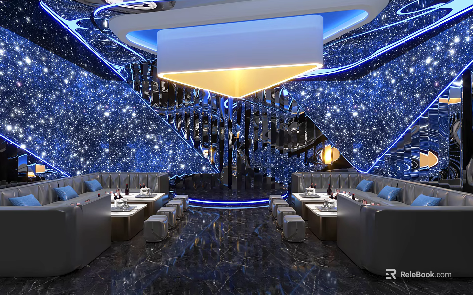Modern Starry Theme KTV Room With Blue Lighting Comfortable Sofas Bar Counter And Wine Glasses 3d model 