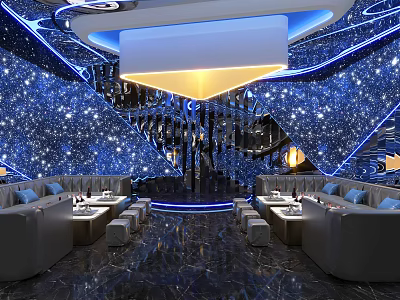 Modern Starry Theme KTV Room With Blue Lighting Comfortable Sofas Bar Counter And Wine Glasses 3d model