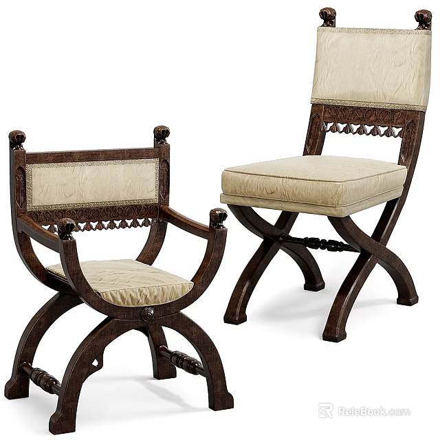 Vintage Classic Wooden Chairs With Beige Cushions And Intricate Carved Details 3d model 