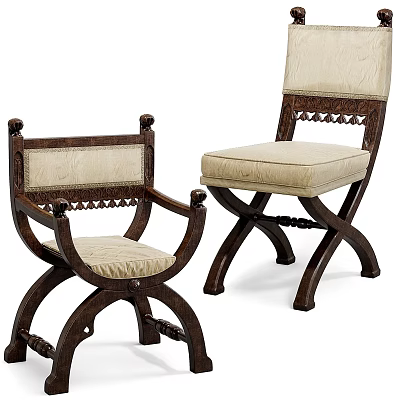 Vintage Classic Wooden Chairs With Beige Cushions And Intricate Carved Details 3d model