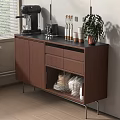Modern Brown Wooden Sideboard With Metal Legs Cabinets Drawers Coffee Machine Bottles Cups And Plant