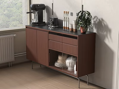 Modern Brown Wooden Sideboard With Metal Legs Cabinets Drawers Coffee Machine Bottles Cups And Plant 3d model