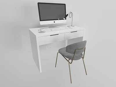 Modern White Home Office Desk With iMac Monitor Lamp And Gray Chair 3d model