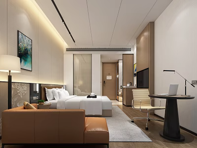 Modern Hotel Room Interior With Comfortable Bed Brown Sofa And Desk With Laptop 3d model
