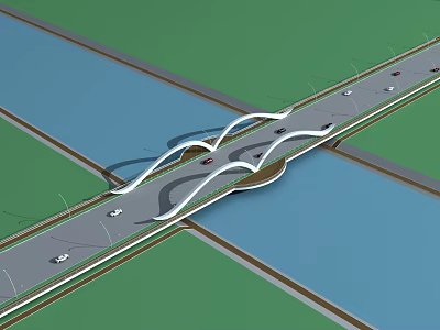 Modern Curved Bridge Design With Road Lanes Crossing Water And Street Lights 3d model