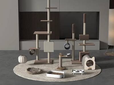 Multi Level Cat Tree With Platforms Hammocks Scratching Posts And Cat Bowls On Round Rug 3d model