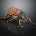 Brown Beetle With Hard Shell Long Legs And Antennae On Black Reflective Background 3d model