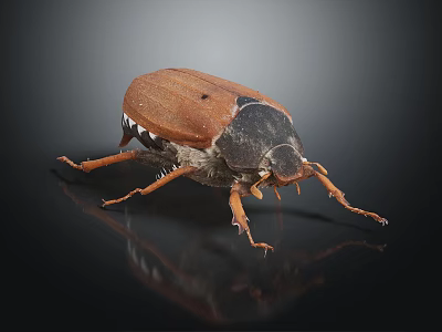 Brown Beetle With Hard Shell Long Legs And Antennae On Black Reflective Background 3d model
