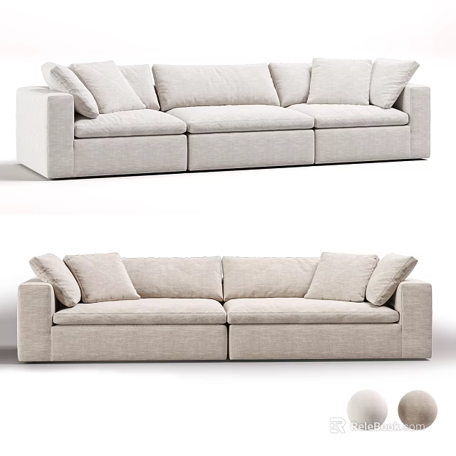 Three Seater Sofa In Light Beige Fabric With Modern Minimalist Design And Soft Cushions 3d model 