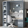 Modern Home Office Desk With Bookshelf Chair Digital Clock And Decorations