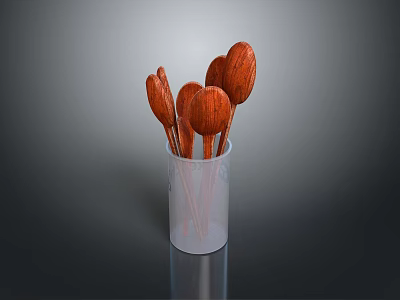 Wooden Utensil Set with Multiple Spoons Stored in Transparent Cup for Kitchen Use 3d model