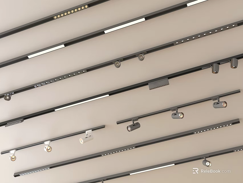 Black Ceiling Mounted Track Lights with Adjustable Downlights and Spotlights for Modern Spaces 3d model