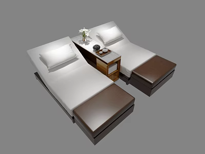 Modern Massage Beds With White Mattress Brown Base And Side Table With Flowers 3d model