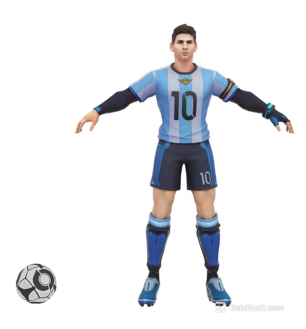 Game Movie Character in Blue White Striped 10 Jersey with Soccer Ball and Shin Guards 3d model 
