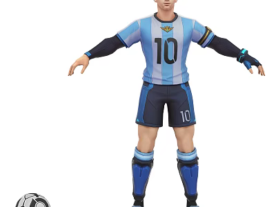 Game Movie Character in Blue White Striped 10 Jersey with Soccer Ball and Shin Guards 3d model