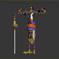 Standing Colorful Character Holding Staff With Decorative Platform And Small Creatures