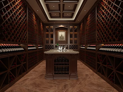 Elegant Classic Wine Cellar Interior With Wooden Wine Racks Central Display Counter and Wine Bottles 3d model