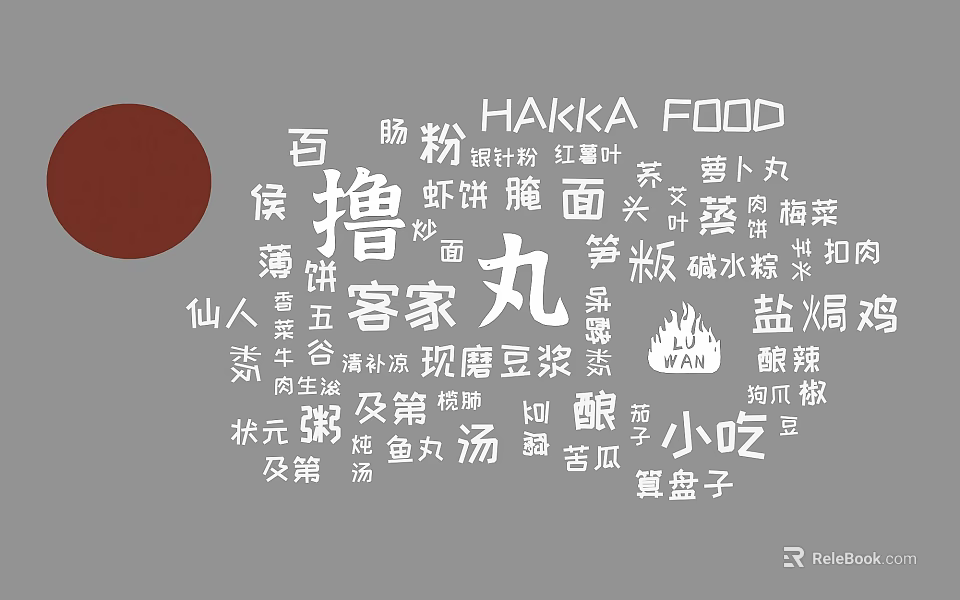 Hakka Food Themed Wall Decor With Chinese Characters And Red Circle Design 3d model 