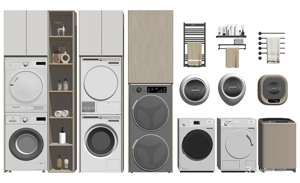 Modern Washing Machines With Various Styles White Gray Colors And Front Loading Design 3d model
