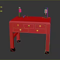 Red Console Table With Golden Handle Drawers And Table Lamps