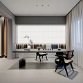 Modern Tea Room Interior With Black Tea Table Woven Chairs Gray Walls And White Vase