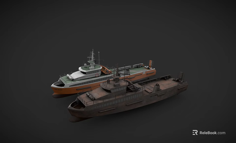 Two Different Ships With Orange White Hull And Brown Deck Structure 3d model 
