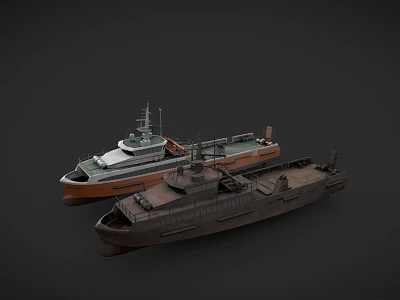 Two Different Ships With Orange White Hull And Brown Deck Structure 3d model