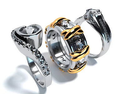 Exquisite Silver And Gold Diamond Encrusted Rings With Intricate Design Details 3d model