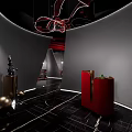 Luxurious Modern Restaurant Interior With Red Curved Decor Black Pillars And Wine Bar Counter