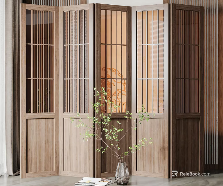 Wooden Room Divider with Lattice Panels in Modern Interior and Green Plant Accent 3d model 