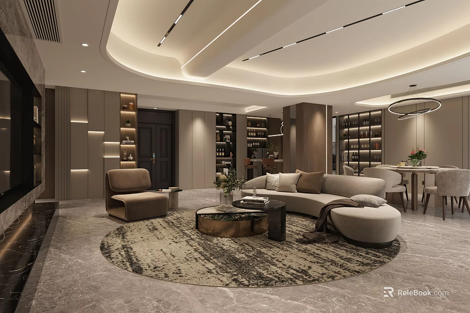 Modern Living Dining Room Interior With Sofa Coffee Table Round Rug And Bookshelves 3d model 