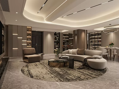 Modern Living Dining Room Interior With Sofa Coffee Table Round Rug And Bookshelves 3d model