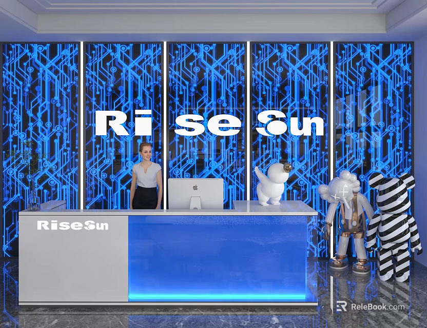 RiseSun Store Front Desk With Blue Circuit Board Background White Blue Counter Computer And Dolls 3d model 