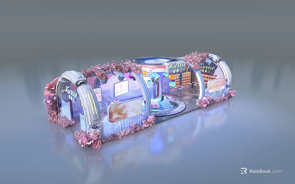 Vivid Exhibition Booth With Arched Structures Pink Flower Decorations And Blue Lighting Effects 3d model 