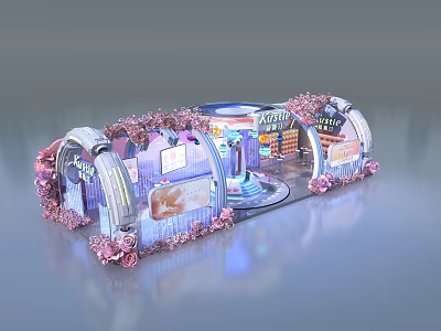 Vivid Exhibition Booth With Arched Structures Pink Flower Decorations And Blue Lighting Effects 3d model
