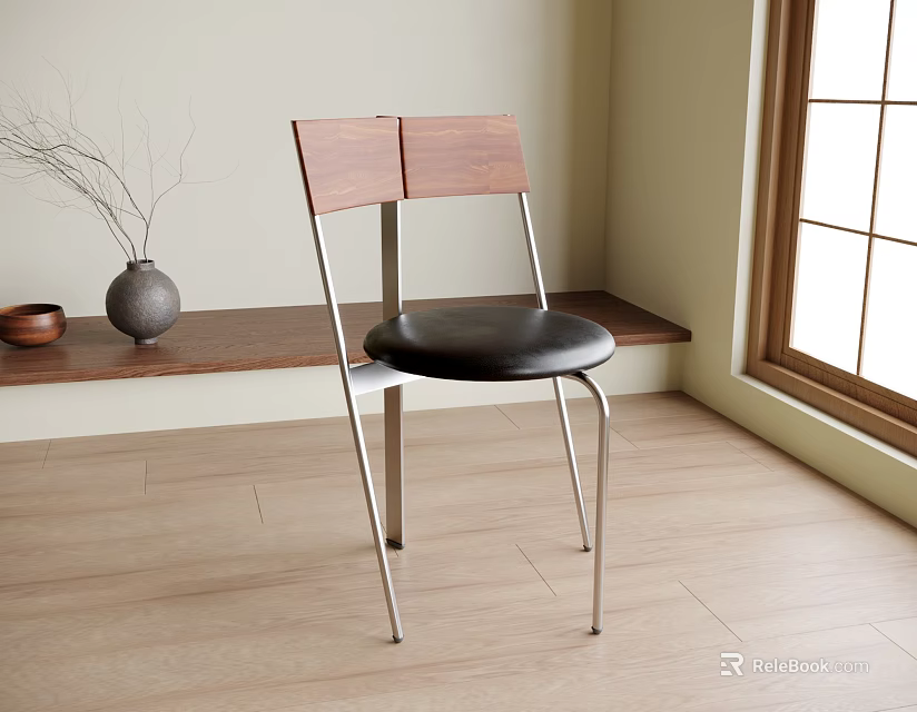 Modern Single Chair With Wooden Backrest Black Seat And Metal Legs In Minimalist Interior 3d model 