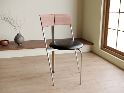 Modern Single Chair With Wooden Backrest Black Seat And Metal Legs In Minimalist Interior 3d model