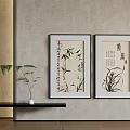 Traditional Chinese Paintings With Bamboo Orchid Calligraphy On Beige Wall Black Shelf White Vase