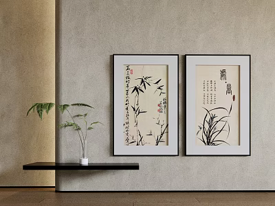 Traditional Chinese Paintings With Bamboo Orchid Calligraphy On Beige Wall Black Shelf White Vase 3d model