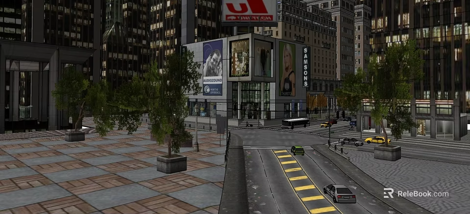 Busy Commercial Street With Tall Buildings Billboards Pedestrians And Vehicles 3d model 