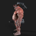 Bulky Horned Game Movie Character With Mechanical Weapon Belly Scar And Brown Skin