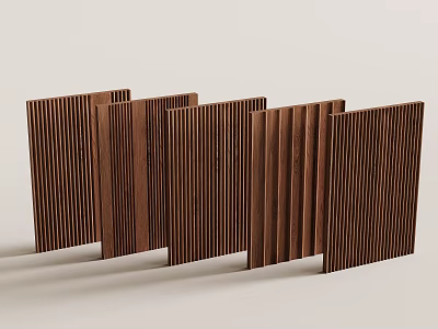 Set Of Five Brown Wooden Wall Panels With Vertical Slat Design Arranged In Row 3d model