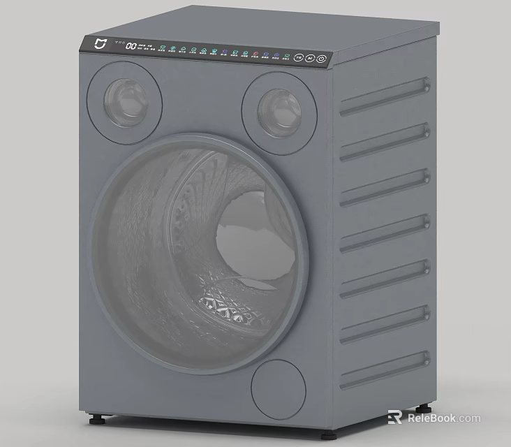 Gray Household Washing Machine With Transparent Door Round Knobs And Vertical Stripes 3d model 