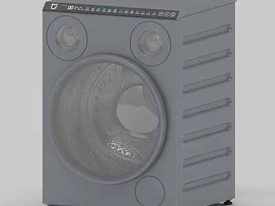 Gray Household Washing Machine With Transparent Door Round Knobs And Vertical Stripes 3d model