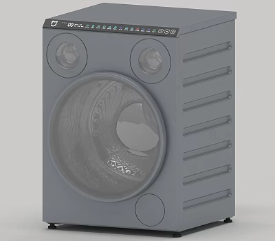 Gray Household Washing Machine With Transparent Door Round Knobs And Vertical Stripes 3d model