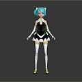 Anime Character With Cat Ears Turquoise Hair Black Dress White Thigh High Socks Green Shoes