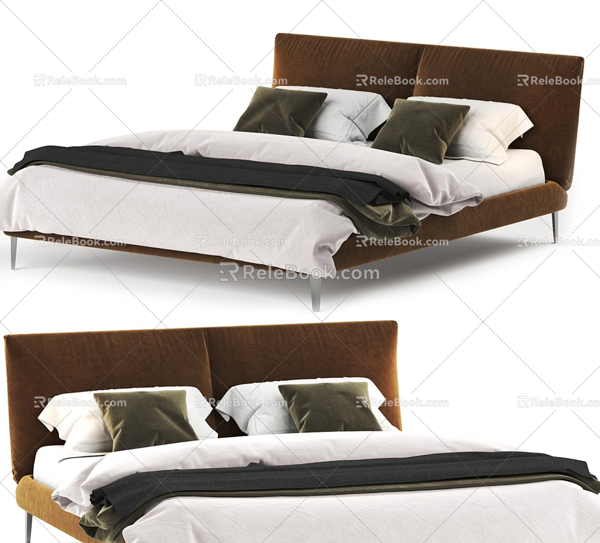 Brown fabric simple double bed 3d model