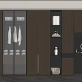 Modern Wooden Wardrobe With Glass Doors Hanging Space Drawers Open Shelves And Dressing Table