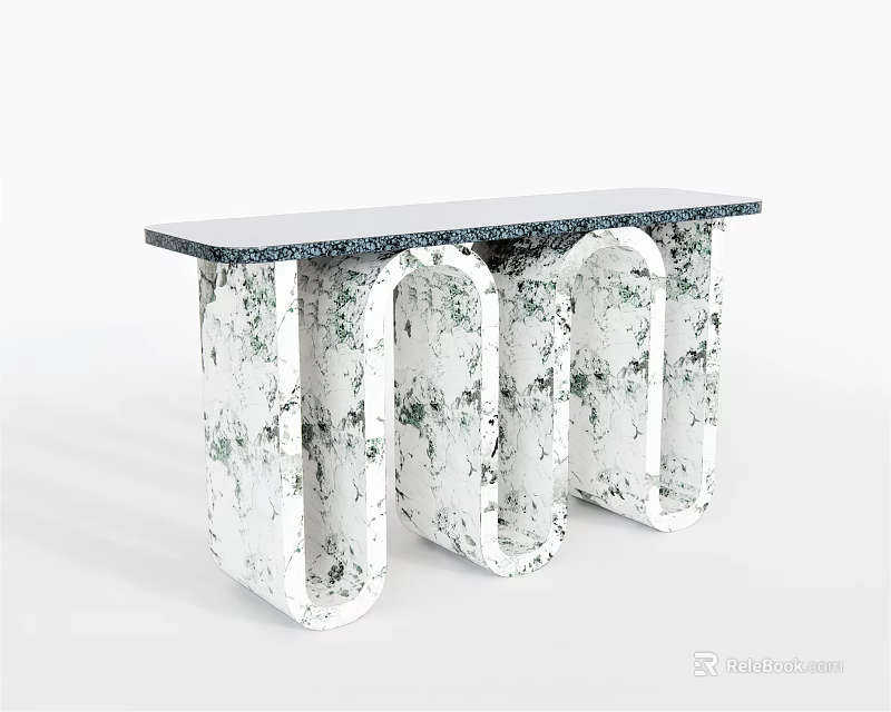 Modern Console Table Featuring Black Countertop And White Arched Base With Green Patterns 3d model 